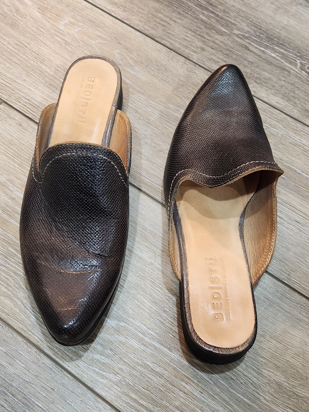 Bed Stu Brenda graphite Black Leather Mules Slip On Flats Shoes sz 6.5